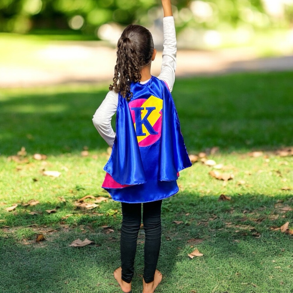 Custom "K" Superhero Cape & Mask Set - Blue & Pink | Handmade Kids Costume